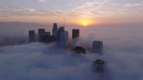 A Stunningly Foggy Morning Present Over Downtown Los Angeles Captivating Aerial View