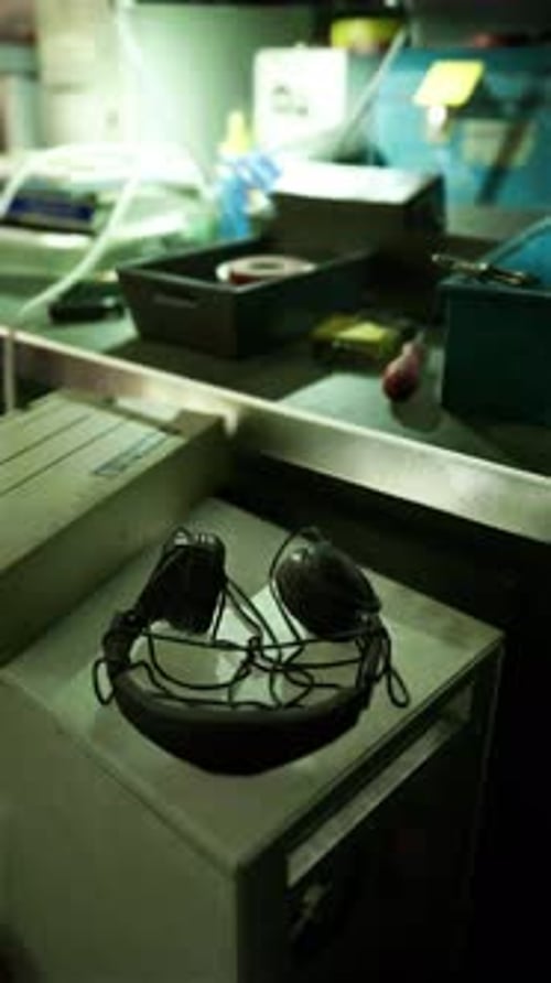 Vertical Shot of Retro Headphones on a Tech Workbench