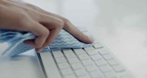 Office, hands and cleaning service on keyboard for computer maintenance