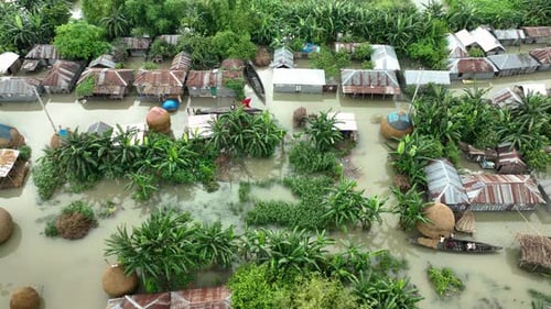 Aerial view of flooded village, Bangladesh.