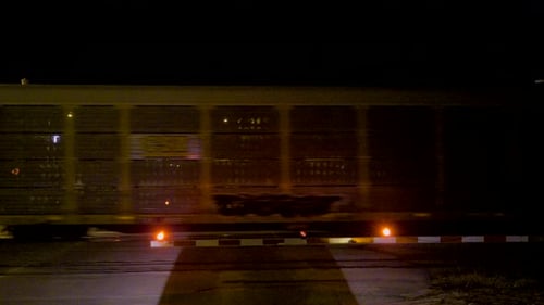 Ein Zug, der nachts in der Nähe des Bahnübergangs vorbeifährt.