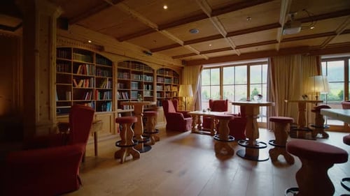 Empty lobby lounge area with luxurious armchairs and old furniture.