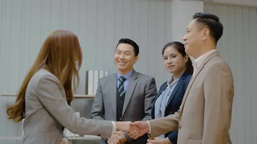 Business people handshake and in meeting in office for celebration, congratulations or success.