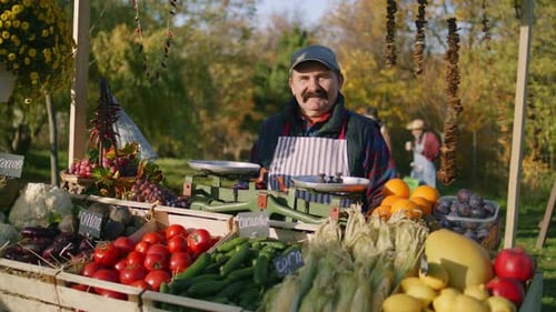 Man Stands Behind Vegetable Stand on Sunny Day