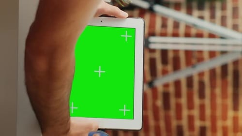 Tablet Green Screen Being Held Indoors Close Up