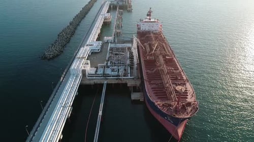 Aerial View of a Tanker is Loading in Oil Berth Harbour Terminal