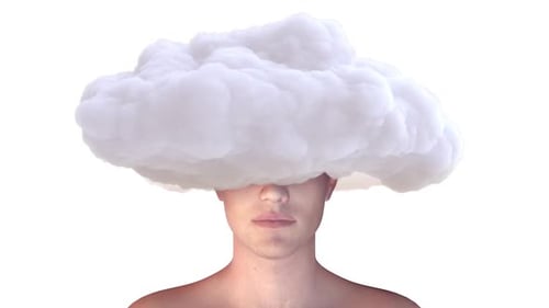 Man with cloud covering face, symbolizing confusion or thoughtfulness
