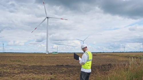 A Safety Expert Inspects the Wind Turbine for Any Potential Risks on a Wet Day Before a Thunderstorm