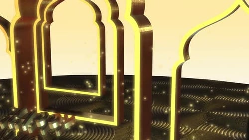 Happy Eid Mubarak Golden 3D Text Reveal with Islamic Arches