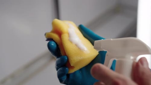 Cleaning Product Sprayed onto Yellow Sponge