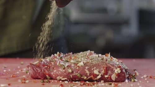 Seasoning Raw Meat with Spices and Vegetables