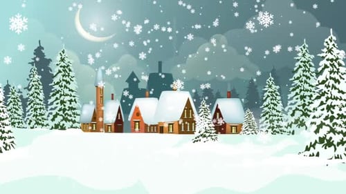 Animated Winter Village With Falling Snowflakes At Night