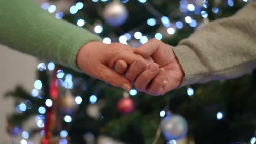 Senior Couple Holding Hands Near Christmas Tree