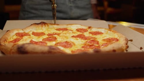 Italian Pizza Pepperoni Slicing Food Delivery Box Cooking From Very Hot Wood Burning Oven on Street