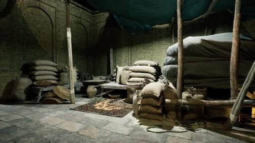 Old National African Market with Stacked Goods and Traditional Textiles