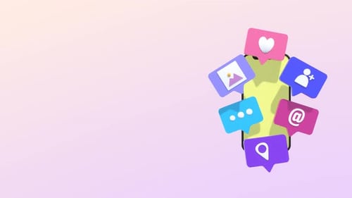 Animação conceitual de mídia social com celular e ícones para marketing digital.