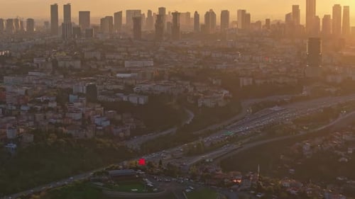 Aerial view of cityscape with bridge at sunset, Turkey.