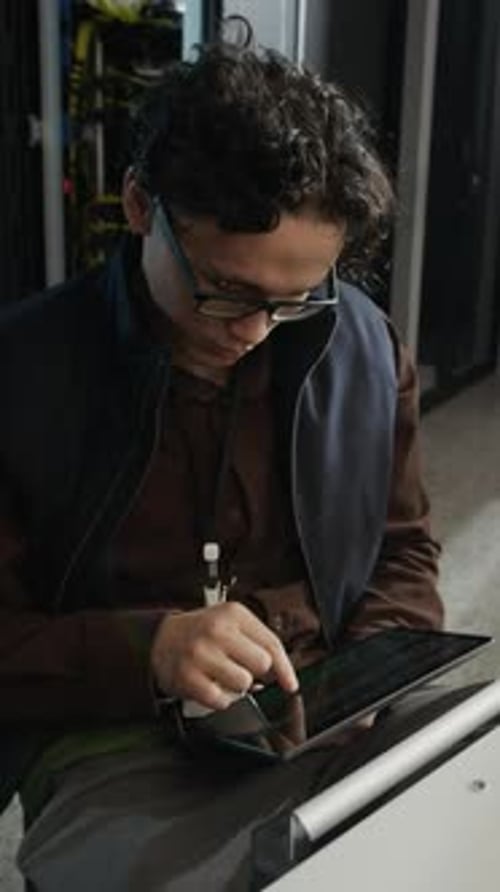 Man Uses Tablet in Server Room with Colleague