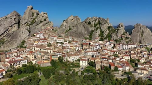 Cityscape aerial view of medieval city of Pietrapertosa, Italy. View of Pietrapertosa town in the Lu