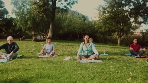 Multiracial senior people doing yoga meditation in a public park - Health elderly people lifestyle