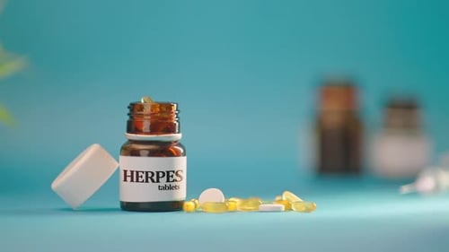 Herpes Tablets Bottle with Scattered Pills