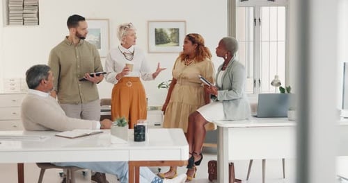 Discussion, teamwork and business people in office for meeting, brainstorming ideas