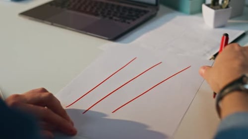 Startuper Hand Drawing Paper Sunny Workplace Close Up Freelancer Man Sketching