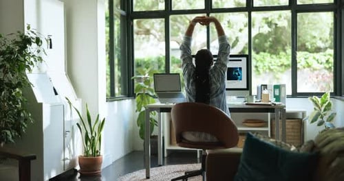 Woman, freelance designer and stretching with computer for break, rest or balance in home