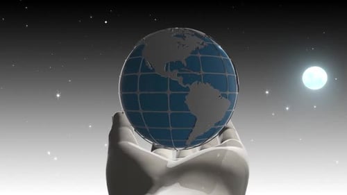 Animated 3D Globe Held by Hand in Space