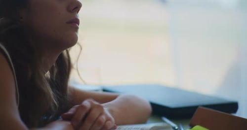 Sad Overworked Female Student Reading
