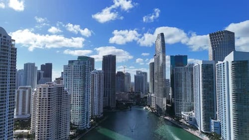 Miami River Aerial View Flying Towards Downtown Skyline