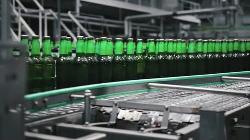 Botellas de cerveza de vidrio verde que se mueven en una cinta transportadora industrial