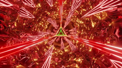 Red and yellow abstract reflective tube with triangle in the center. Looped animation