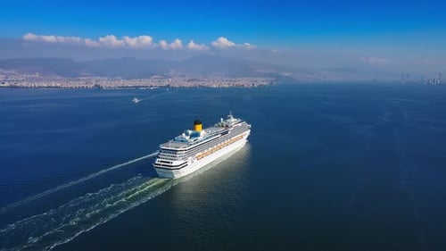 Aerial View of a Cruise Ship Sailing the Sea on a Sunny Summer Day