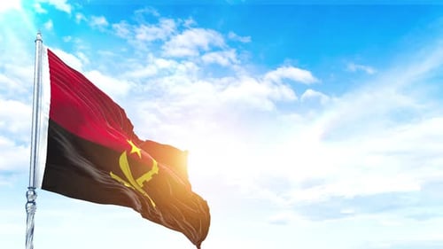 Realistic 3D Angola Flag Waving in Sunny Blue Sky