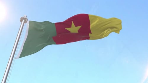 Cameroon National Flag Waving Animation with Blue Sky Background