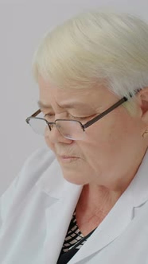 Senior Adult in Lab Coat Looking Down