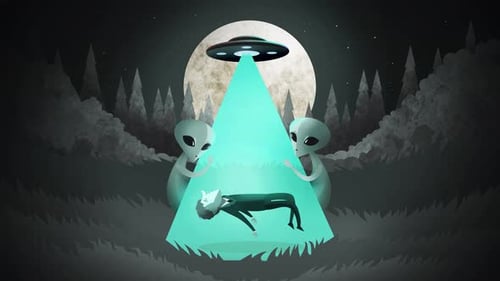 grey aliens abducting a man with a ufo tractor beam