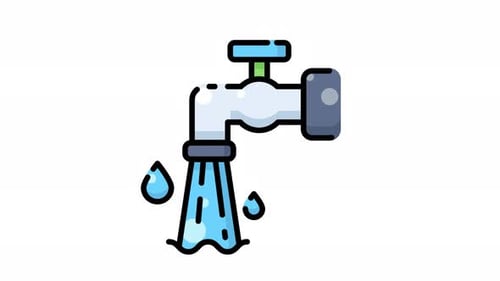 Flat Design Animated Faucet with Running Water Drops Icon