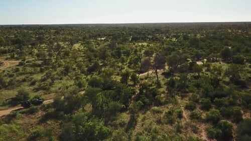 A safari vehicle driving in the hot afternoon sun in Africa.