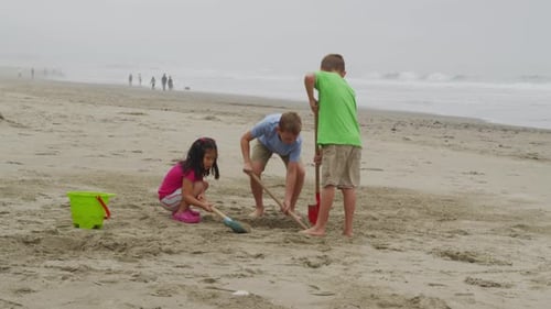 Children enjoying a playful vacation day on the sandy beach coastline