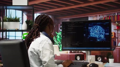 Woman Coding AI Brain in Modern Workplace