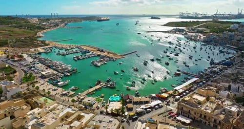 Aerial View of the Port of Marsaxlokk In Malta A Small Fishing Village with Traditional Colorful