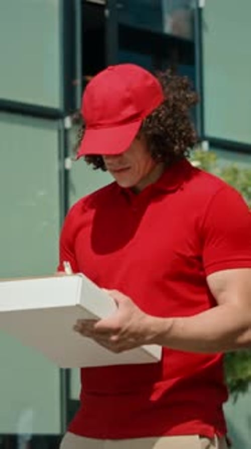 Deliveryman Filling Postal Form and Looking at Camera Outdoors
