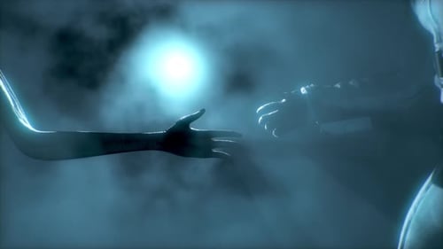 Un astronaute rencontre un extraterrestre gris et lui serre la main