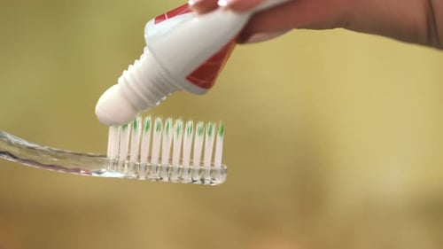 Woman Hand Holding Toothbrush and Tooth Paste Tube. Close Up of White