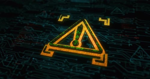 Futuristic Digital Warning Symbol on Circuit Board Background