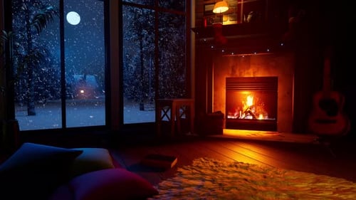 Cozy Winter Night Fireplace Scene with Falling Snow