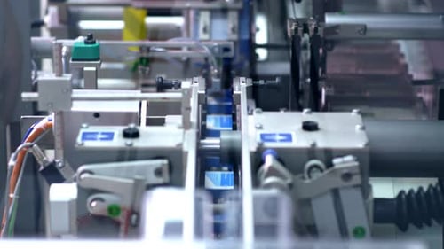 Packaging Line at Pharmaceutical Factory. Pharmaceutical Industry. Medical Drugs on Packaging Machin