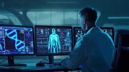 Doctor Working at Futuristic Office Multiple Monitors Displaying Medical Images Data and Body Scans